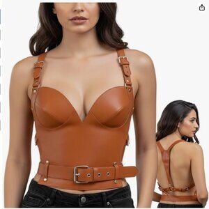 Women's Genuine Leather Corset Top – Adjustable Buckle Bustier Crop Top for Fest